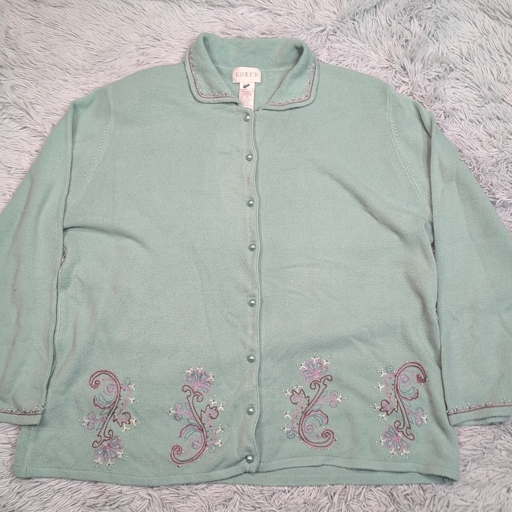 Vintage‎ Koret Sweater Womens 1X Green Cardigan Embroidery Beaded Button Up